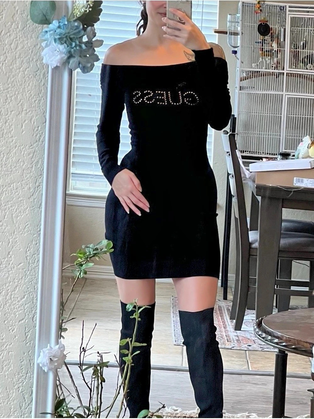 GUESS Black Off-Shoulder bodycon Mini sweater Dress Size Small
